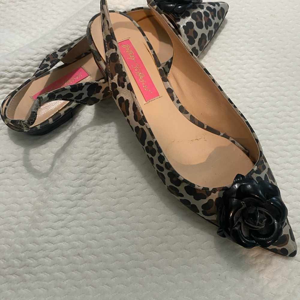 Betsey Johnson animal print sling back shoes.
